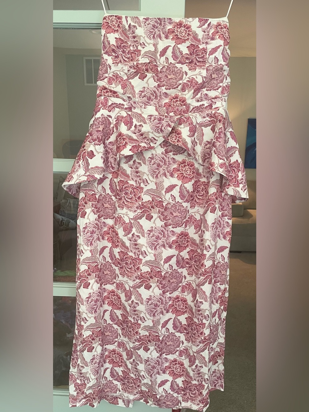 Hyacinth House Floral Strapless Peplum Dress in Pink and White
